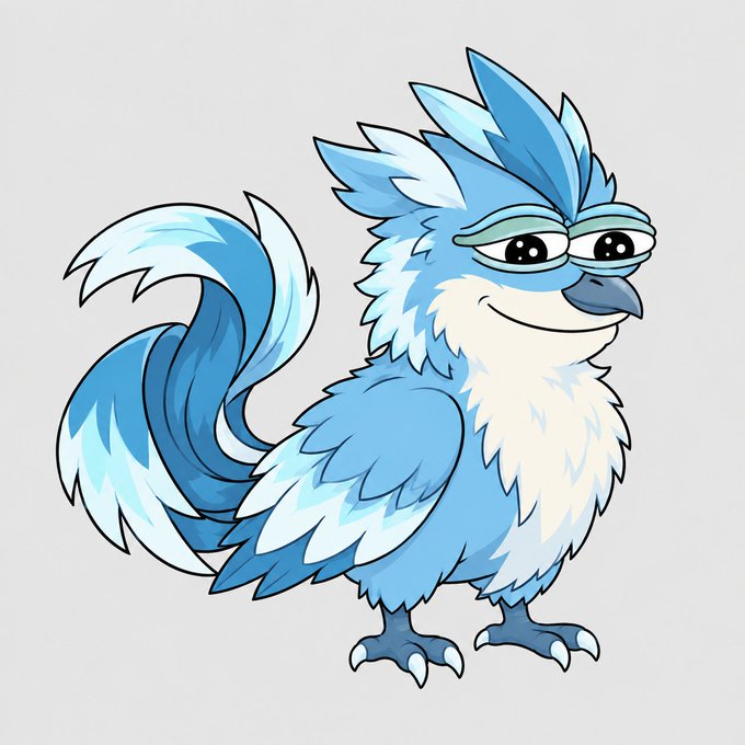 A cartoon illustration of a fluffy blue and white bird character with large expressive eyes, a tufted crest, and a curved tail, standing on two clawed feet against a white background.