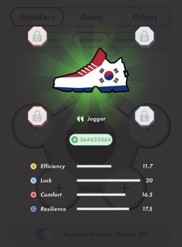 The image shows a pair of sneakers with a Korean flag design, which has been added as a badge or achievement for completing a certain number of steps or activities. The sneakers are displayed prominently against a black background, making them stand out. The post also mentions that there is a rainbow-colored shoe in the corner and encourages users to "step up their game" by adding more badges or achievements to their collection.