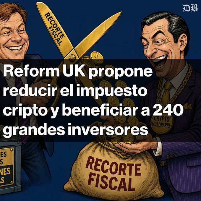 Caricature illustration with Spanish text: 'Reform UK propone reducir el impuesto cripto y beneficiar a 240 grandes inversores,' depicting politicians with scissors cutting fiscal policy over a bag of money labeled 'Recorte Fiscal.'
