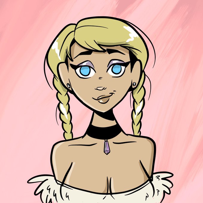 A digital illustration of a cartoon-style young woman with blonde braided pigtails, blue eyes, and a crystal pendant necklace against a pink background.