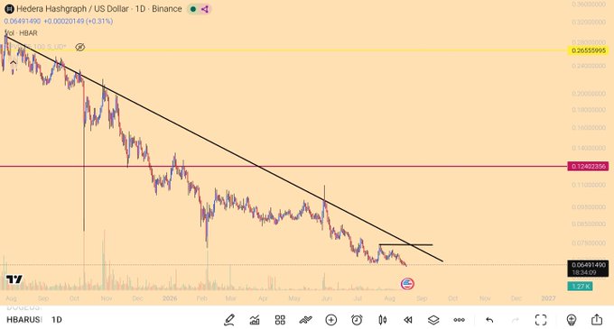 This image shows a TradingView daily candlestick chart for HBAR/US Dollar (Hedera Hashgraph) on Binance, currently priced at $0.06401490 (+0.31%), displaying a clear downtrend with a descending trendline since August, support levels highlighted at $0.12403305 and resistance at $0.26559965, supporting the post's observation that HBAR is in a downtrend worth monitoring.