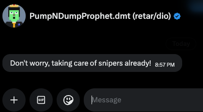 A Telegram message from "PumpNDumpProphet.dmt (retar/dio)" reads "Don't worry, taking of snipers already!" The post connects to this by citing the developer's reassurance about handling snipers, calling it a bullish sign for @TickerYardHQ.