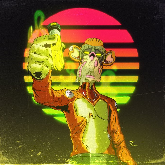 The image features a cartoon character, possibly a monkey or a robot, wearing an orange jacket with green stripes and holding a yellow object that appears to be a bottle of liquid. The background consists of a colorful sunset, which adds a vibrant touch to the scene. The caption "GM Happy Mutant Monday @BoredApeYC" suggests that this image is related to a post on social media or a website where GM stands for "Grimm's Monkey".