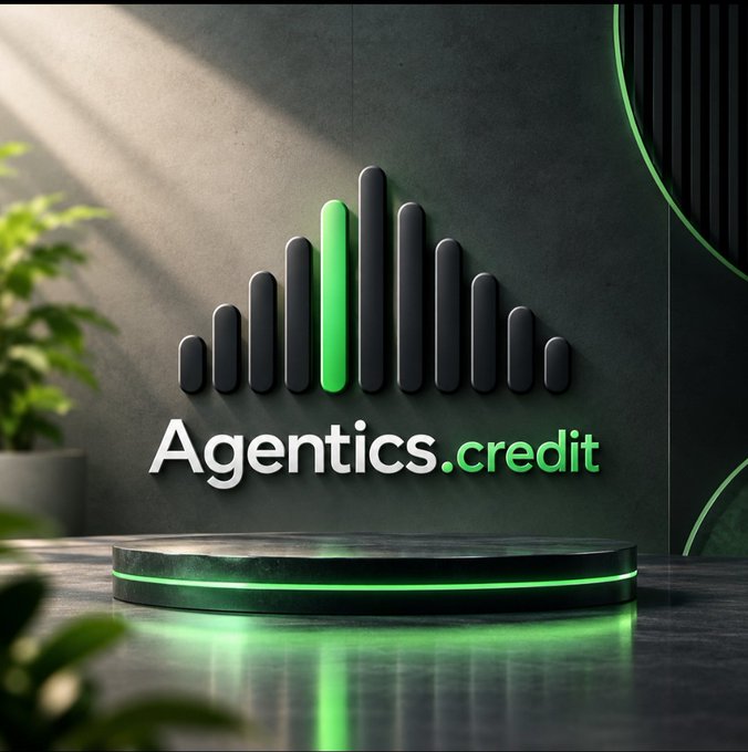 Stylized 3D render of the 'Agentics.credit' logo featuring an audio equalizer design with green accents on a dark platform.