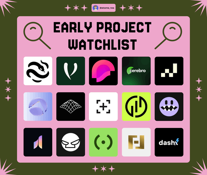 A graphic titled "EARLY PROJECT WATCHLIST" displays a 5x3 grid of crypto project logos, including Cerebro (the only name clearly visible) alongside other icons like a flame, checker pattern, and dash. The image visually represents the curated watchlist of emerging crypto projects mentioned in the accompanying post, which highlights Vanish Labs, Vorta Markets, Nysa Finance, and Cerebro across trading, DeFi, and AI categories.
