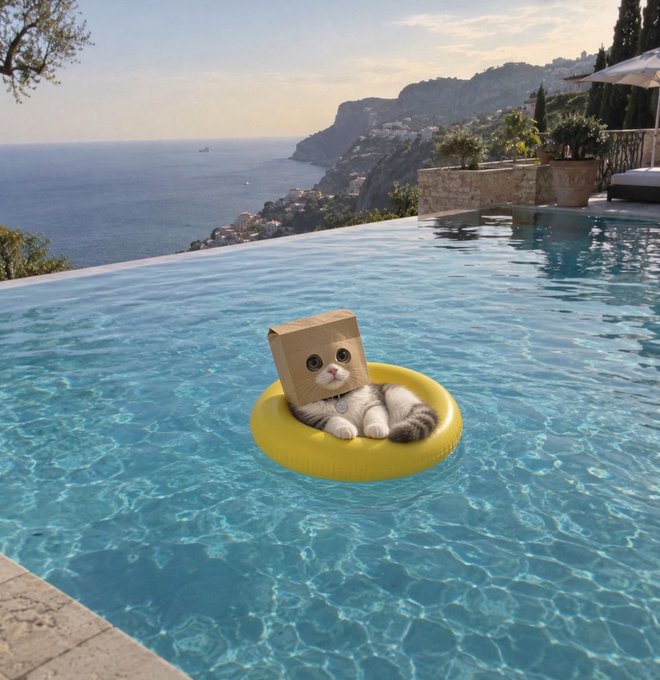 Cat with a paper bag on its head floating on a yellow inflatable ring in an infinity pool overlooking a coastal cliffside scenery.