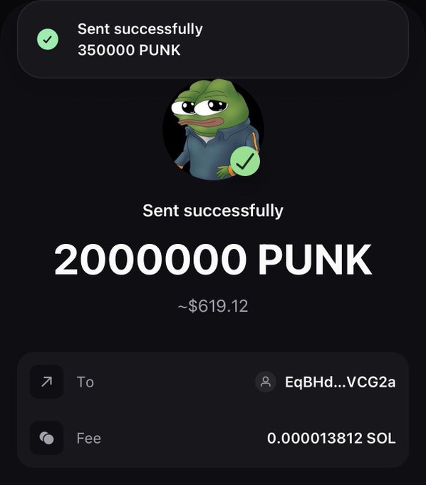 The image shows a successful crypto transaction confirmation for 2,000,000 PUNK (~$619.12) sent to wallet address EqBHd...VCG2a, with a fee of 0.000013812 SOL. The "Legend" address referenced in the post matches the recipient wallet, confirming this transfer was made to that account.