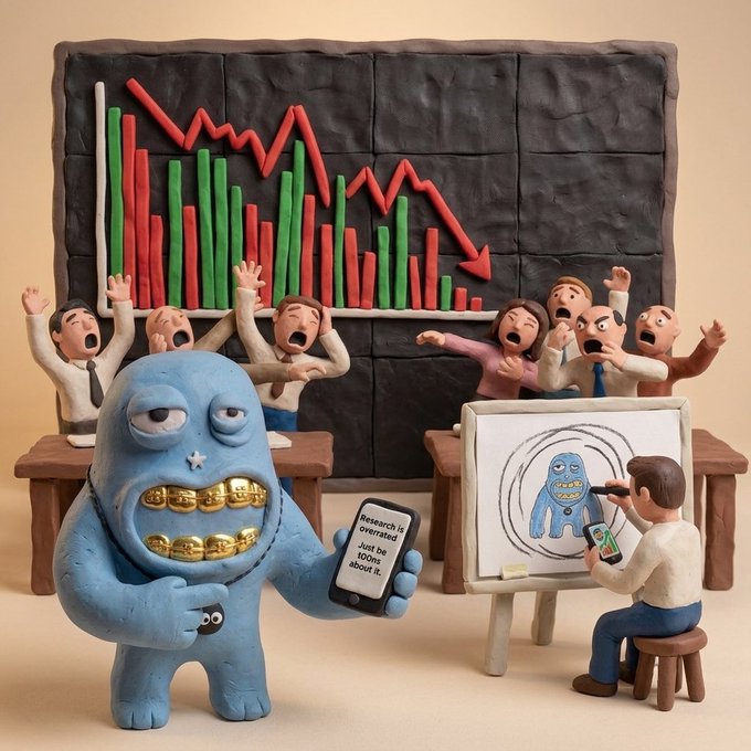 A claymation-style scene with a blue monster holding a phone displaying 'Research is overrated Just be done about it' in front of a downward-trending red bar chart, while panic-stricken figures react behind it and an artist sketches the monster at an easel.