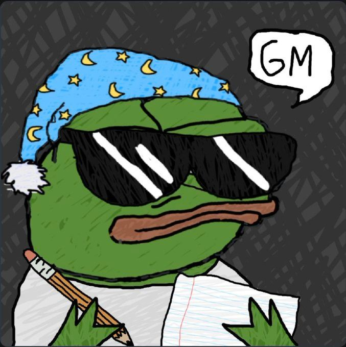 The image shows a "cool" Pepe the Frog wearing sunglasses and a starry nightcap, holding a pencil and paper, saying "GM" (good morning) — a popular crypto greeting. This ties to the post's playful tone about crypto job seekers casually checking CryptoJobsList listings for new opportunities.