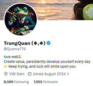 A Twitter profile for 'TrungQuan (@Quanvy779)' featuring a frog avatar, with bio text reading 'love web3. Create value, persistently develop yourself every day. Keep trying, and luck will smile upon you' and located in Vietnam.