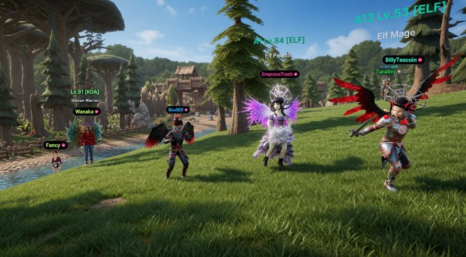 Screenshot from a fantasy MMORPG showing several player characters including Warinaka (Lv.81 KOA Human Warrior), EmpressTitan (Elf Lv.84), Fancy (KoA), Wanee (Elf Lv.84), and BillyTeacoin (Elf Mage Turnboy) standing in a grassy field.