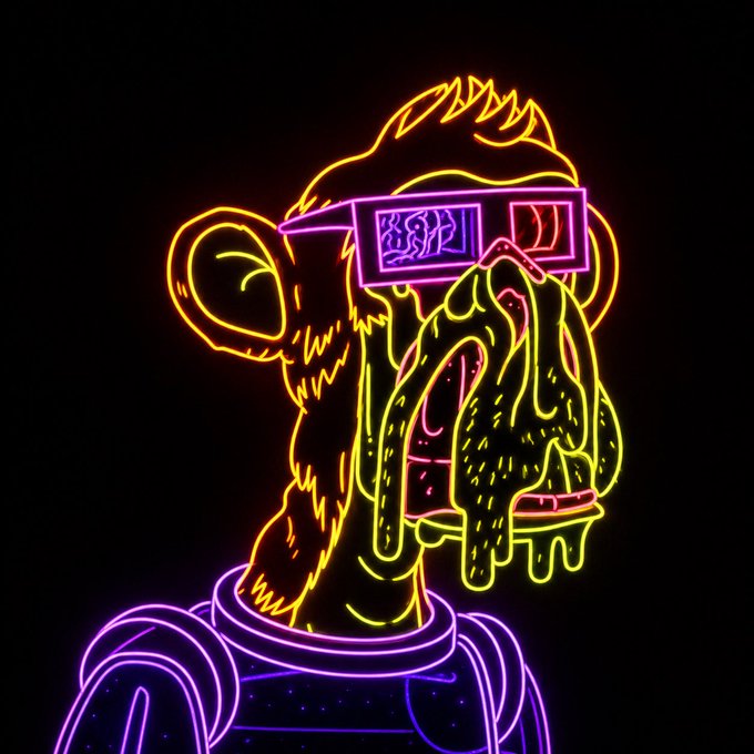 A neon-style outline drawing on a black background depicting a monkey wearing 3D glasses with melting, stylized features and a starry shirt.