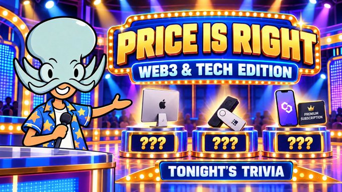 A 'Price is Right Web3 & Tech Edition' promotional graphic featuring a cartoon octopus host, prize displays for an Apple device, smart home gadgets, and a Premium Subscription, with 'Tonight's Trivia' text.