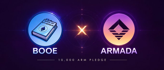 A purple and neon graphic presents two circular logos labeled “BOOE” and “ARMADA,” separated by an X-shaped symbol, with the text “10,000 ARM PLEDGE” along the bottom.