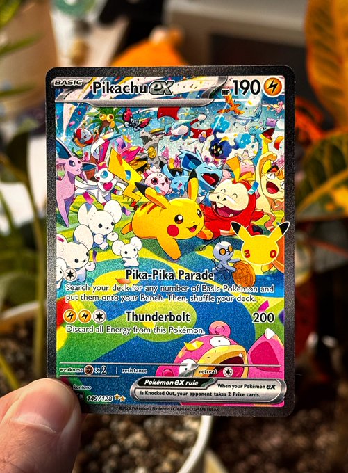 A hand holds up a holographic Pikachu ex Pokémon trading card (#149/128) featuring artwork of many Pokémon with the attacks 'Pika-Pika Parade' and 'Thunderbolt.'