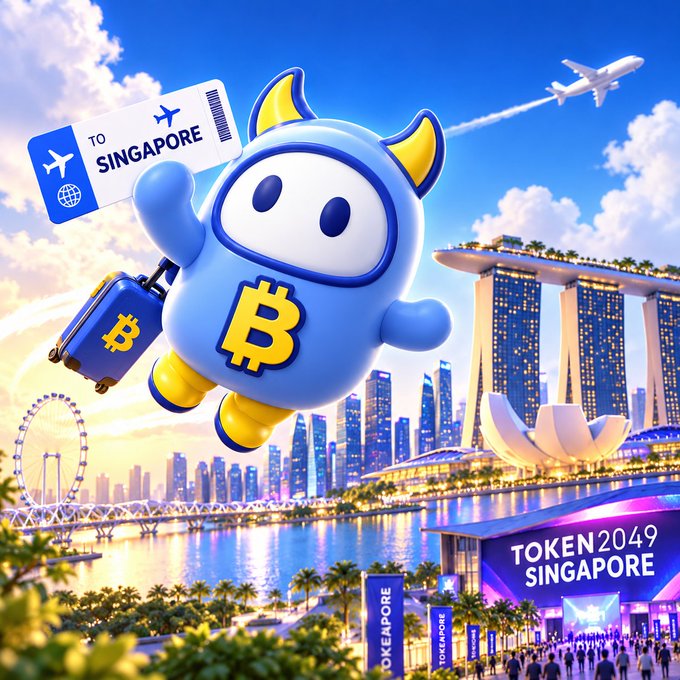A digital illustration featuring a blue mascot with a Bitcoin 'B' on its chest, holding a 'TO SINGAPORE' boarding pass, set against Singapore's skyline with a banner reading 'TOKEN 2049 SINGAPORE'.