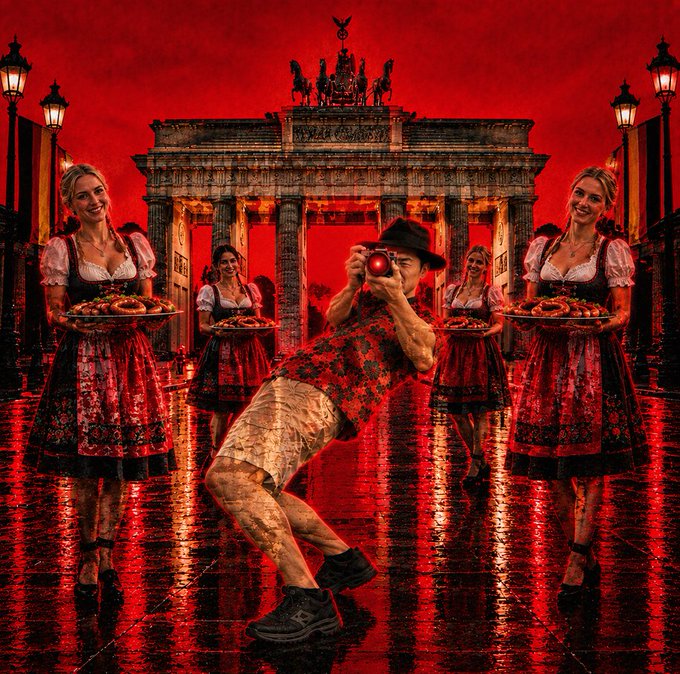 A heavily edited, stylized red-toned image showing a man in a patterned shirt and shorts posing in front of the Brandenburg Gate, surrounded by four women in traditional German dirndls holding trays of pretzels.