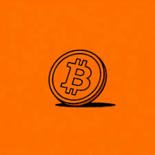 A simple line-drawing illustration of a Bitcoin coin on an orange background.