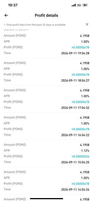 A smartphone screenshot showing 'Profit details' for a PONS token, displaying multiple entries with an amount of 4.1958 PONS and an APR ranging from 1.00% to 1.12%, with timestamps from 2026-09-11.