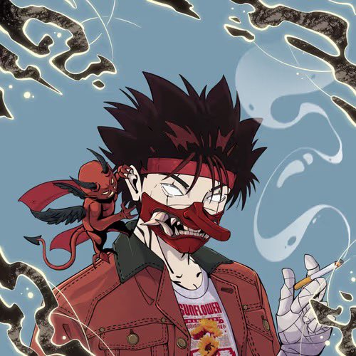 An anime-style illustration features a spiky-haired man wearing glasses and a red mask, smoking a cigarette, with a small red devil perched on his shoulder against a swirling smoky background.