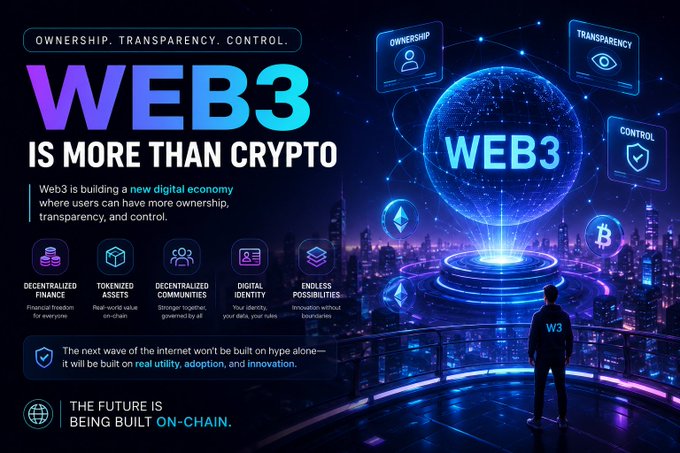A futuristic Web3 promotional graphic declaring 'WEB3 IS MORE THAN CRYPTO' with themes of ownership, transparency, and control, featuring icons for decentralized finance, tokenized assets, decentralized communities, digital identity, and endless possibilities against a neon cityscape.