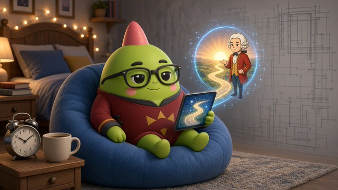 An AI-generated image of a green, pear-shaped character with glasses sitting in a blue bean bag chair holding a tablet, with a small floating figure in a magical portal beside them, in a bedroom setting.