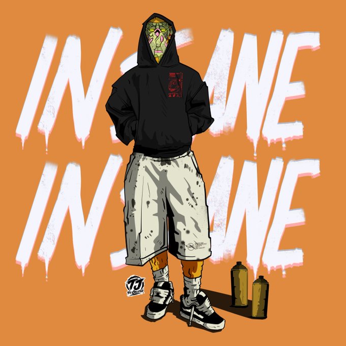 A streetwear-style illustration of a figure wearing a black hoodie with a grotesque face mask, beige cargo shorts, and Nike high-top sneakers, standing against an orange background with the repeated word 'NE' in dripping white paint.