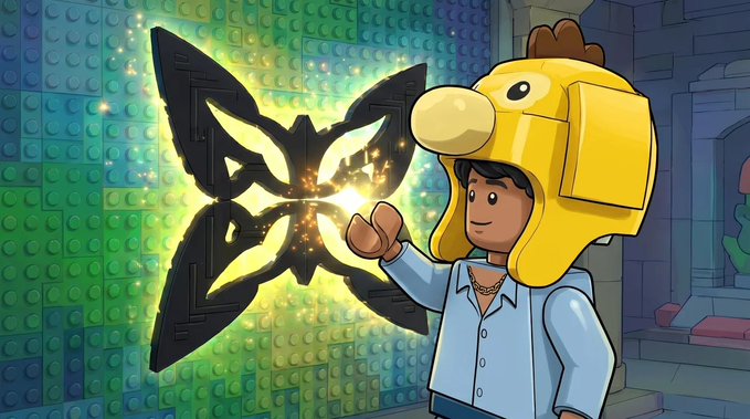 urn of gold and black liquid, a yellow butterfly mask, and a blue shirt with a white collar are featured on the brick wall backdrop.