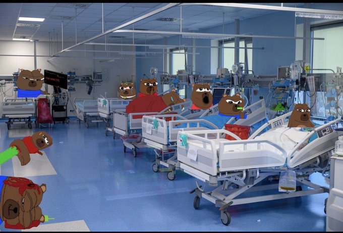 A meme image showing a hospital ward scene with multiple Pepe the Frog characters edited onto patients and medical equipment, with some appearing injured or distressed on the floor.