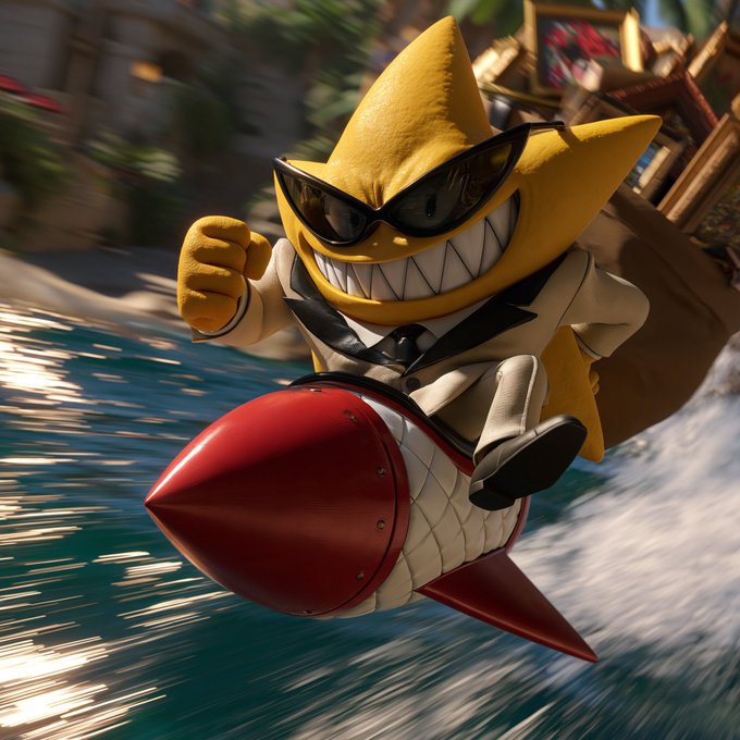 A 3D-rendered yellow star character wearing sunglasses, a beige suit, and a black tie rides a red rocket-shaped vehicle over the water with a determined grin.