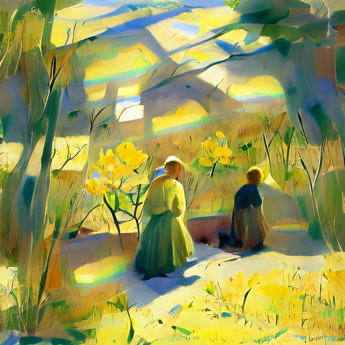 A digital painting titled "Travel Study" depicting two figures in period dress walking through a sun-dappled, loosely brushed woodland scene with impressionistic yellows and greens. The artwork fits the "Manifesting" chapter by embodying how AI systems have learned to translate mood, light and human movement into visual language—reflecting the moment vision generation matured into something expressive and autonomous.