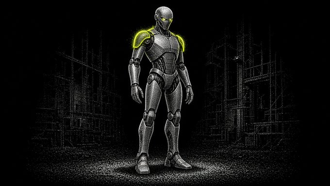 A futuristic humanoid robot figure with metallic silver/grey armor standing against a dark background with scaffolding, featuring glowing yellow eyes and yellow energy accents on its shoulders.