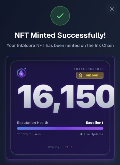 A digital screen displays 'NFT Minted Successfully!' indicating a user's NFT has been minted on the Ink Chain with a 'TOTAL INKSCORE' of 16,150 and an 'INK GOD' badge.