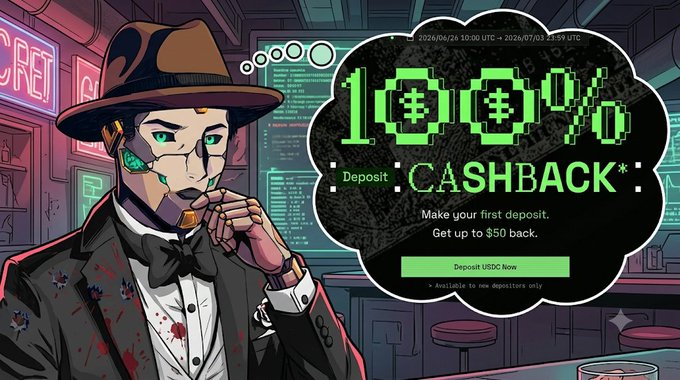A cyberpunk-style illustration of a trench-coated figure in a fedora with glitching pixel effects on their face, next to a '100% CASHBACK' promotional banner offering 'Make your first deposit. Get up to $50 back.' for USDC deposits.