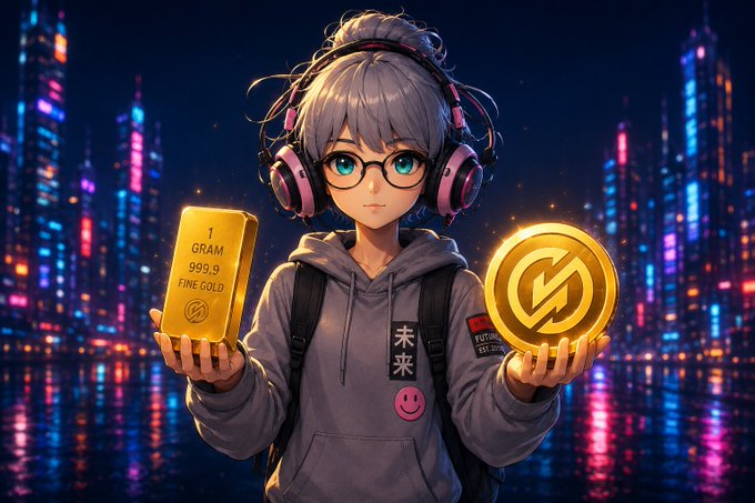 An anime-style character with silver hair and headphones holds a gold bar labeled '1 GRAM 999.9 FINE GOLD' in one hand and a large gold crypto coin in the other, set against a vibrant cyberpunk cityscape at night.