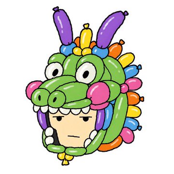 A cartoon illustration of a child's face wearing a colorful, balloon-like dragon or dinosaur hood costume.