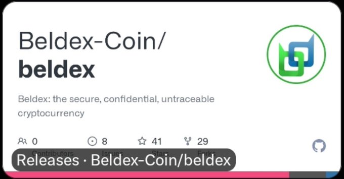 GitHub repository page for Beldex-Coin/beldex showing "Beldex: the secure, confidential, untraceable cryptocurrency" with 8 commits and 41 stars, tied to the post highlighting Beldex's V7.0.4 binary updates across wallets, security, PoS, and P2P improvements.
