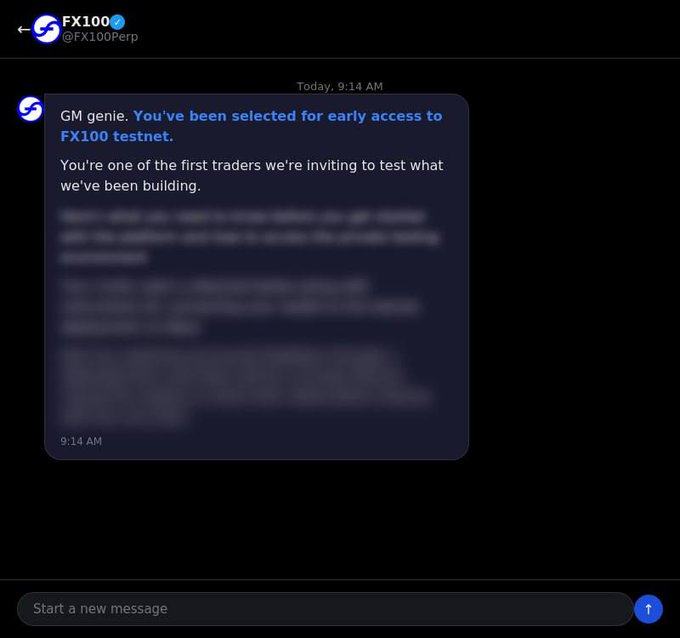 The image displays an email sent to users of an FX100 private testing service by the person who sent it. The subject line reads "FX100 private testing spots are going out now," alerting users that these spots will be gone soon. It also informs them about a new message stating that they should drop their most painful liquidation story before launch. These actions, along with a direct reference to trading high leverage and breaking the product, indicate that this is likely an email related to testing or strategy development for FX100 private testing services.