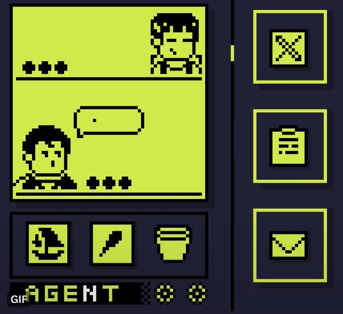 A pixel-art style digital interface in green and black featuring a chat window with two characters and speech bubbles, alongside icons for a sword, map, save (floppy disk), file, and email, with the text "AGENT" displayed at the bottom. The retro 8-bit aesthetic illustrates the "Hoodbits" concept mentioned in the post, suggesting a nostalgic, gamified take on a financial or messaging app interface.