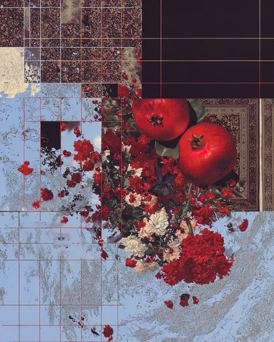 A collage-style artwork combining pomegranates, red flowers, an ornate rug, and patterned textures with red grid lines and black rectangular blocks.