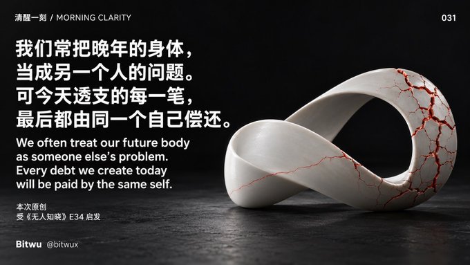 A dark image displays a cracked white ceramic infinity-like sculpture alongside Chinese and English text reading '清醒一刻 / MORNING CLARITY' and 'We often treat our future body as someone else's problem. Every debt we create today will be paid by the same self.'