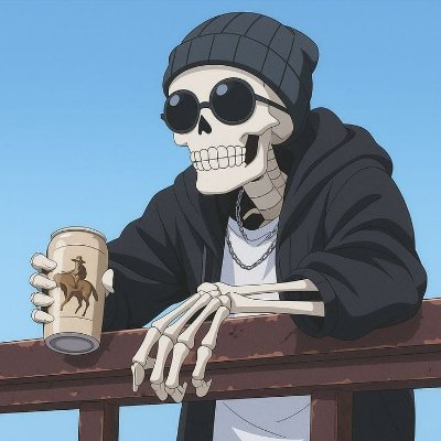 A skeleton wearing a beanie and sunglasses leans casually on a railing while holding a beer can, exuding a laid-back vibe. The chill, cool aesthetic of the image reflects the poster's casual introduction as a 26-year-old newcomer to web3, looking to connect and learn from the crypto Twitter (CT) community.