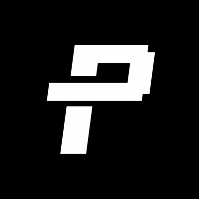 A white stylized geometric logo resembling the letter 'P' or a blocky abstract design on a solid black background.