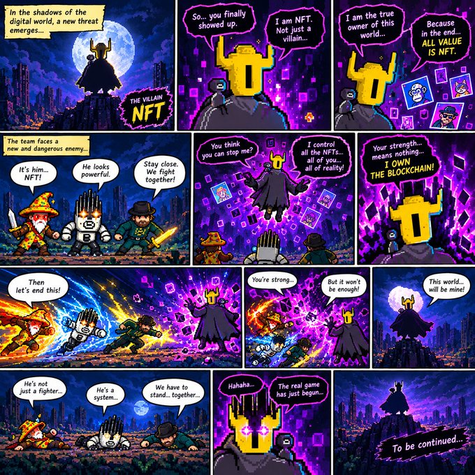 A pixel art comic strip titled 'The Villain NFT' depicting a showdown between heroes and an NFT-themed villain declaring 'I OWN THE BLOCKCHAIN!', ending with 'To be continued...'