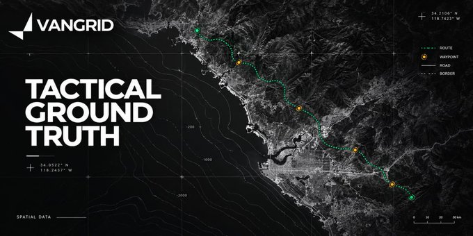 VanGrid promotional image titled 'TACTICAL GROUND TRUTH' showing a black-and-white satellite/topographic map view of a coastal area with route waypoints marked, coordinates 34.0522° N, 118.2427° W, with legend indicating ROUTE, WAYPOINT, ROAD, and BORDER.