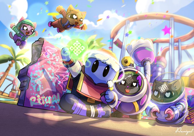 A colorful illustration of cartoon characters in space suits with cat-like faces playing with spray cans in a vibrant amusement park setting with roller coasters.