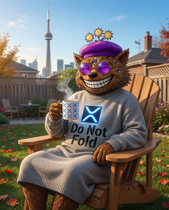 The image features a cartoon bear wearing a gray sweater with "Do Not Fold" written across its chest, sitting comfortably in an outdoor chair surrounded by trees. The background includes a city skyline visible through the trees. The caption at the bottom of the image reads "Happy Friday, everyone! Wishing the entire XRP Army, Fuzzy Army NFT family, artists, creators, Web3, Crypto Twitter, Canada, the USA, and everyone around the world a blessed Friday morning".
