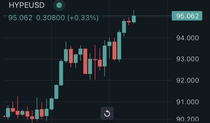 A candlestick chart for the HYPE/USD trading pair shows the price climbing from around $90.20 to $95.062, a gain of 0.33%. The upward trend supports the post's claim that 10 $HYPE tokens are now worth nearly $10,000, with each token priced just above $95.