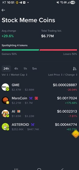 A screenshot of the Binance app's "Stock Meme Coins" section displays a list of four tokens—GME, MarsCoin (up 175.68%), AI, and ASTEROID—spotlighting MarsCoin as a standout performer in the meme stock category. The post highlights MarsCoin's appearance in this new feature, suggesting it could be the next big runner on BSC due to its strong narrative and visibility within the app.