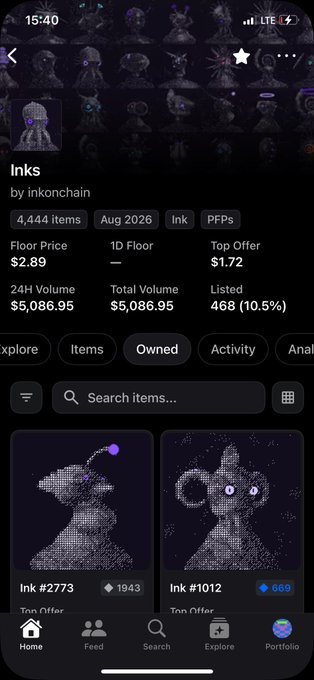 A dark-themed mobile app interface shows an NFT collection called 'Inks by inkonchain' with a floor price of $2.89 and a 24H volume of $5,086.95.